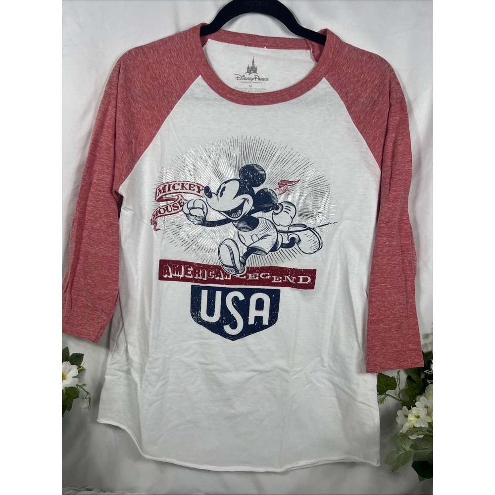 Disney World Parks Mickey Mouse USA Runner T-Shirt Henley Baseball‎ Medium